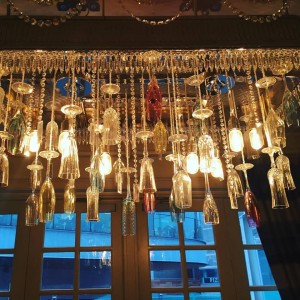 Hanging chandelier made from Champagne Flutes