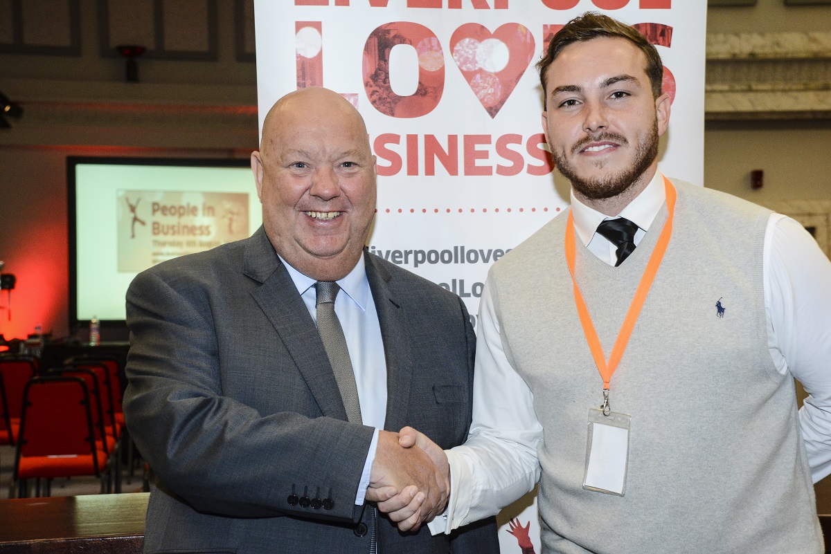 Mayor of Liverpool Joe Anderson congratulates organiser Josh Boyd at the 2015 Business Event - small