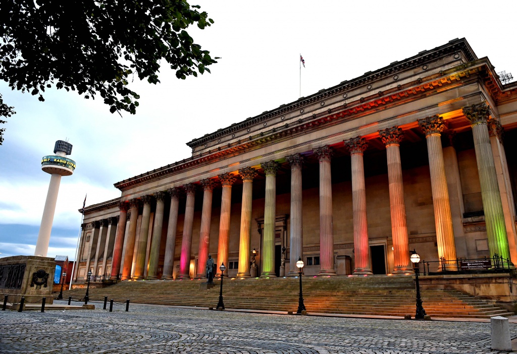 St Georges Hall Liverpool lit up in rainbow colours to celebrate the Pride Festival this weekend