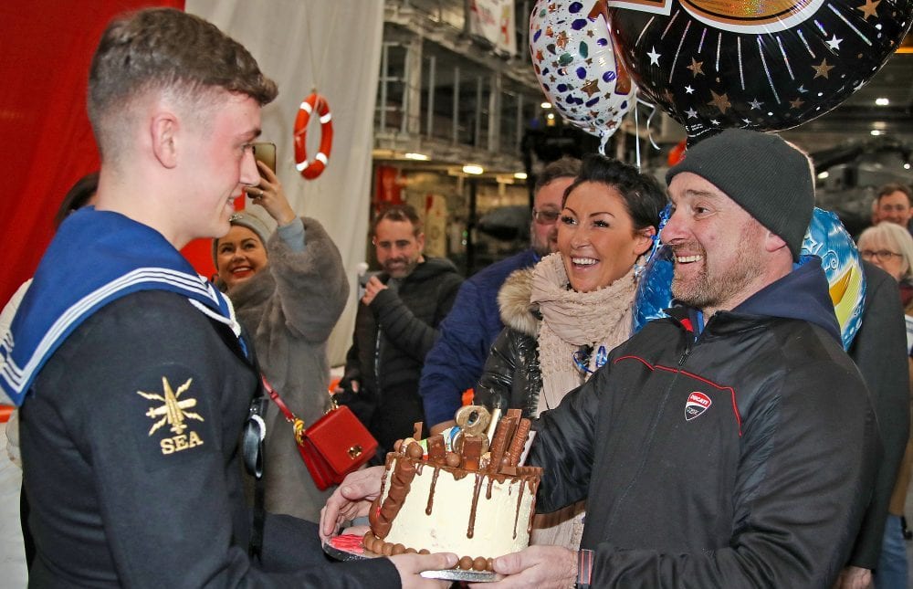 This HMS Prince of Wales sailor had a birthday surprise when his family came on board to see him
