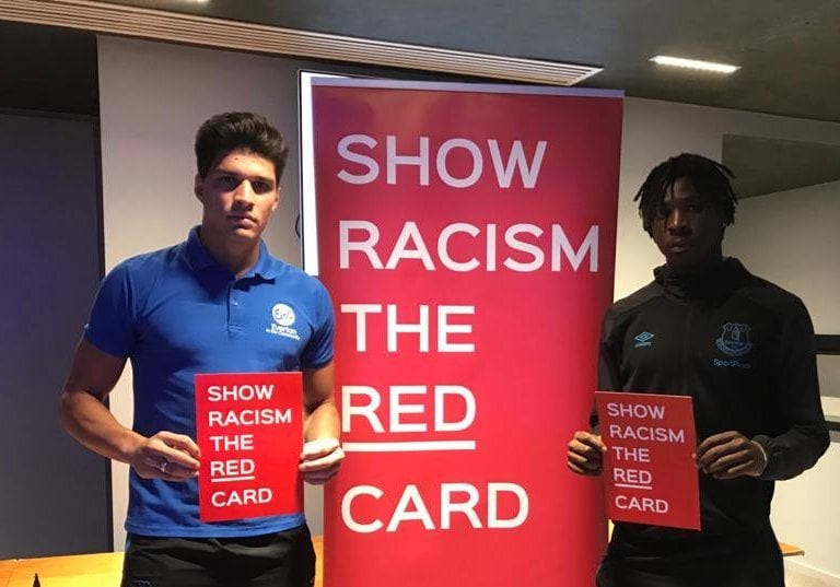 Moise Kean and Joao Virginia attend Show Racism the Red Card event at Goodison