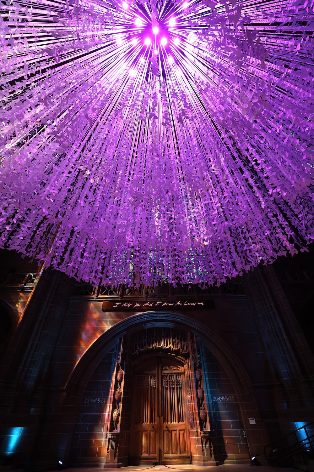 Stunning art installation the Peace Doves lights up Liverpool Cathedral