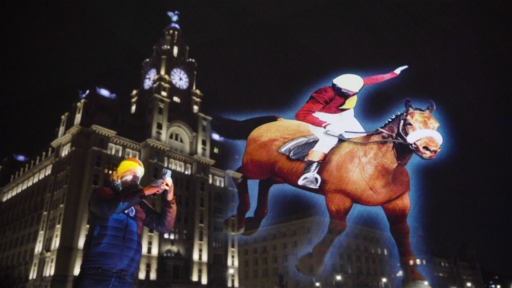 The Grand National Red Rum the Royal Liver Building hologram