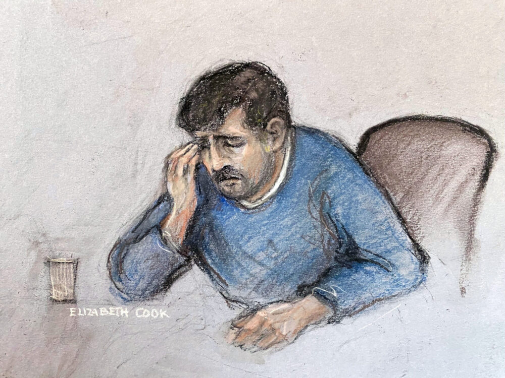 Court artist sketch by Elizabeth Cook of Thomas Cashman, wiping away tears in the dock after being found guilty at Manchester Crown Court of murdering nine-year-old Olivia Pratt-Korbel and injuring her mother, Cheryl Korbel. Picture date: Thursday March 30, 2023.
