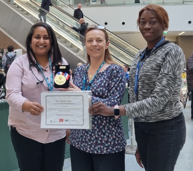 L-R: Dr Merna Samuel, Specialty Doctor, Dr Sylviane Defres, Consultant in the Tropical and Infectious diseases Unit at the Royal Liverpool Hospital and Principal Investigator on the COVID-19 CNS Study, Nathalie Nicholas, Senior Research Nurse, LCRN North West Coast, NIHR CRN.