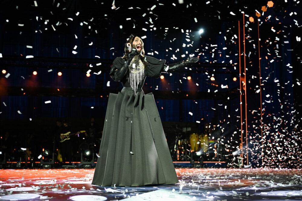 Conchita Wurst at the National Lottery's Big Eurovision Welcome (Photo by Shirlaine Forrest/Getty Images for The National Lottery)