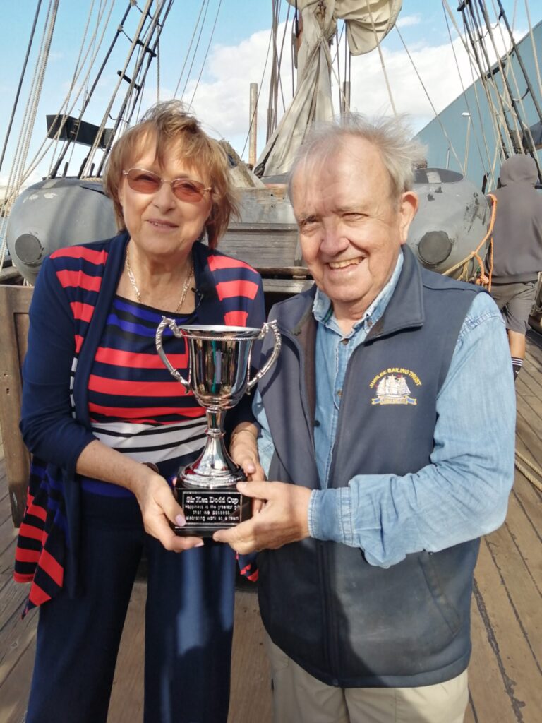 Lady Dodd & Jim Graves Ken Dodd Cup. Credit: Sir Ken and Lady Dodd Tall Ship Experience.