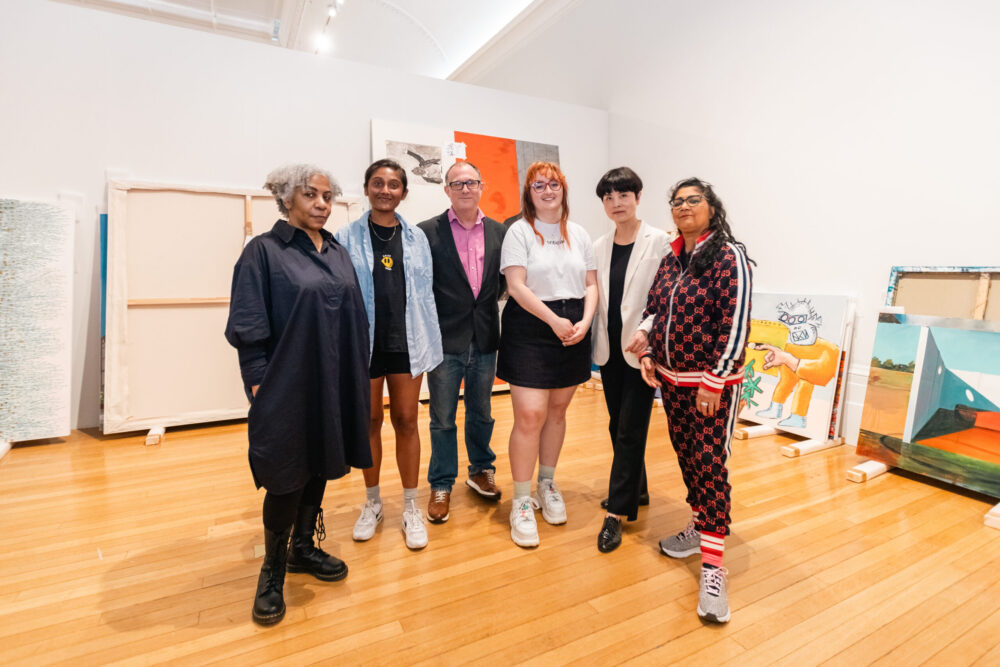 L-to-R Marlene Smith, Zarina Muhammad of The White Pube, Alexis Harding, Gabrielle de la Puente of The White Pube, Yu Hong, and Chila Kumari Singh-Burman. Judges Panel for John Moores Painting Prize ©Robin Clewley