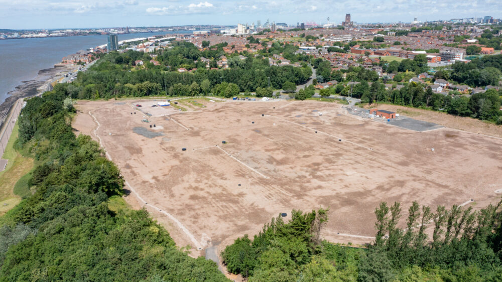 Aerial pic of the remediated Development Zone next to Festival Gardens Park. Credit: Liverpool City Council