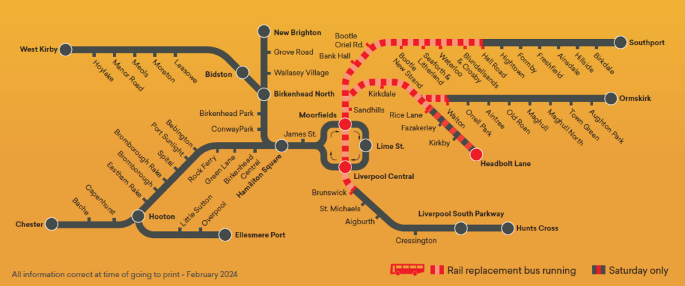 Map of Planned Engineering Works - Merseyrail - March 2 - 3 2024