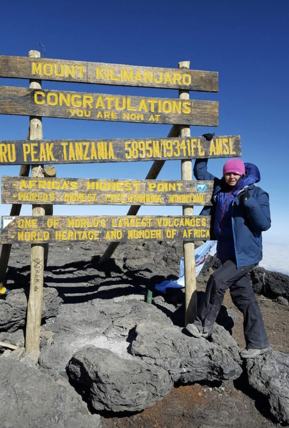 Judy Baigent at the top of Kilimanjaro