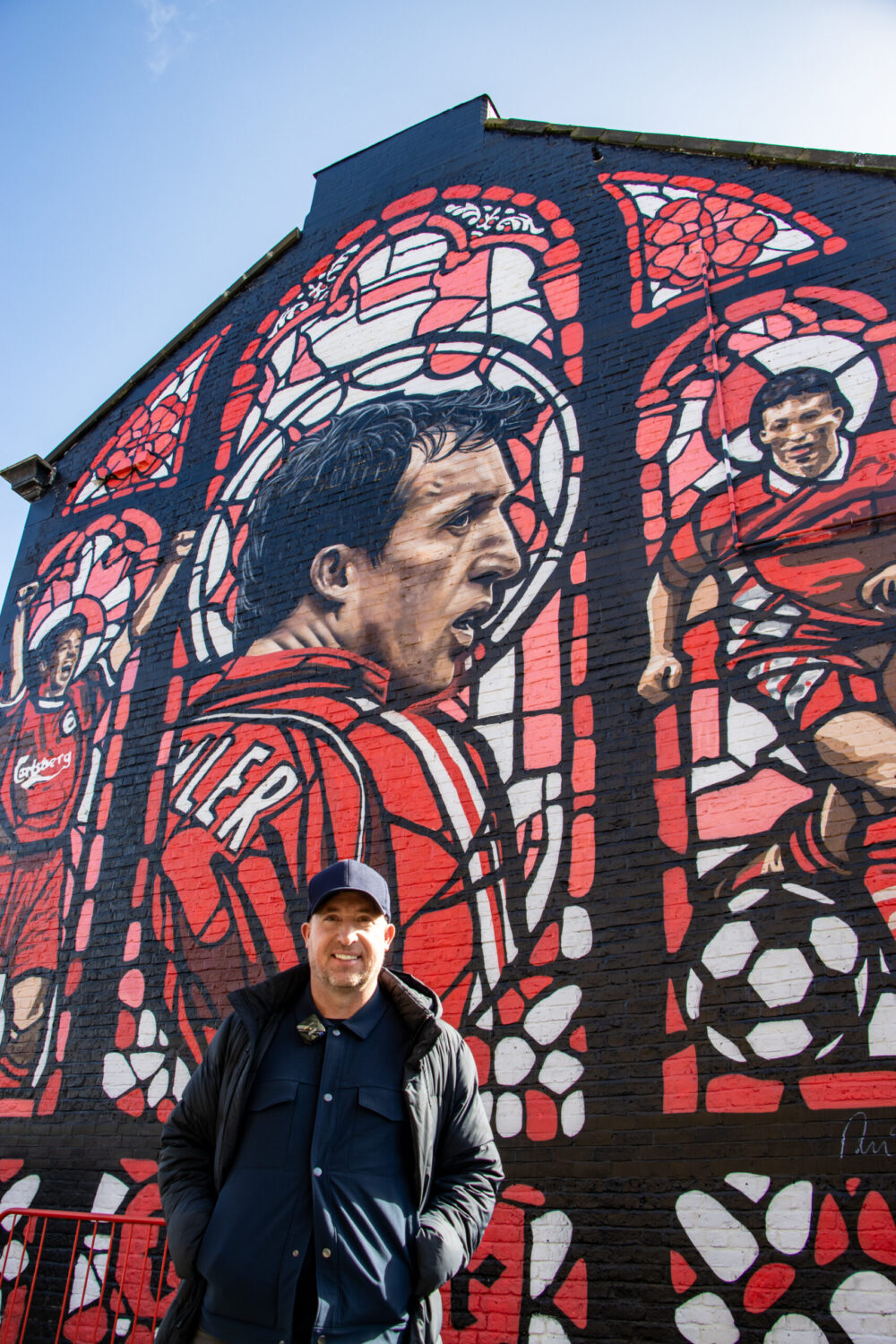 Robbie Fowler and the Anfield mural. Credit: Courtney Neary