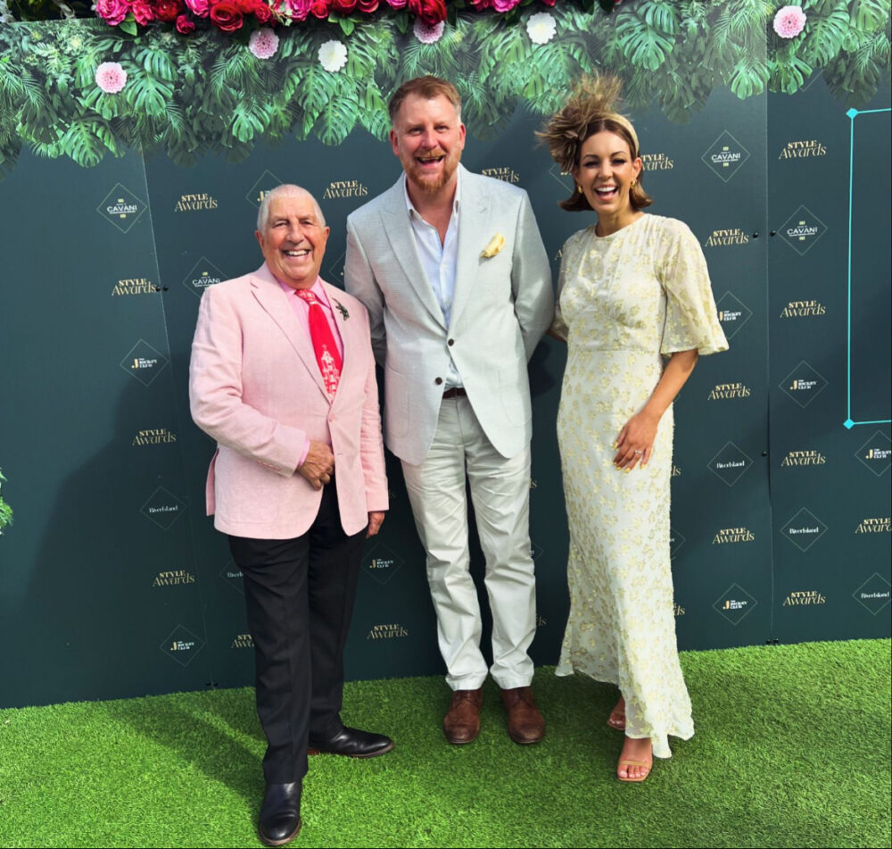 (L-R) Pete Price, Jay Hynd, Gemma Cutting from The Guide Liverpool ready for the Grand National Festival: Ladies Day 2024 at Aintree Racecourse