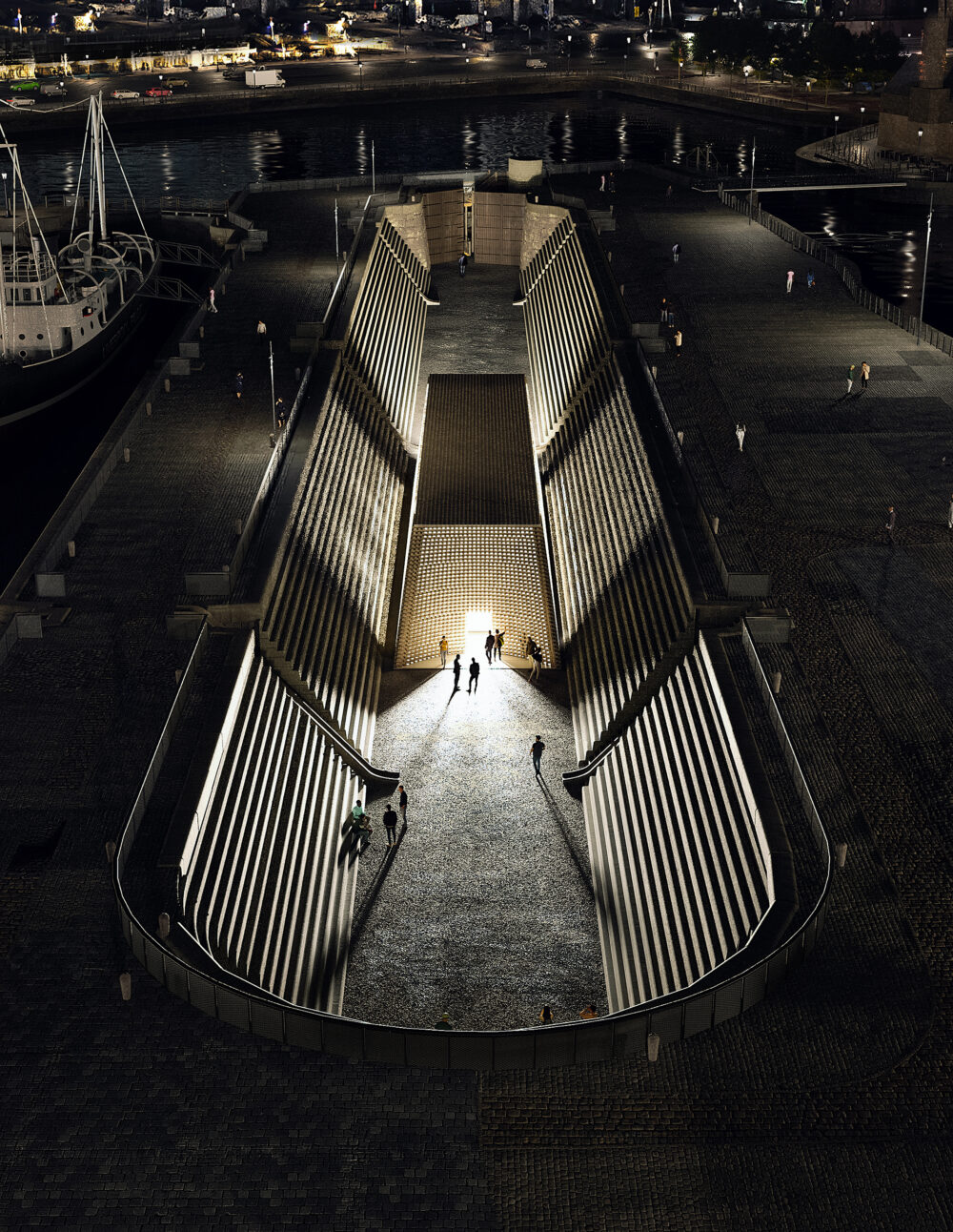 Night-time view of the South Dry Dock (c) Asif Khan Studio