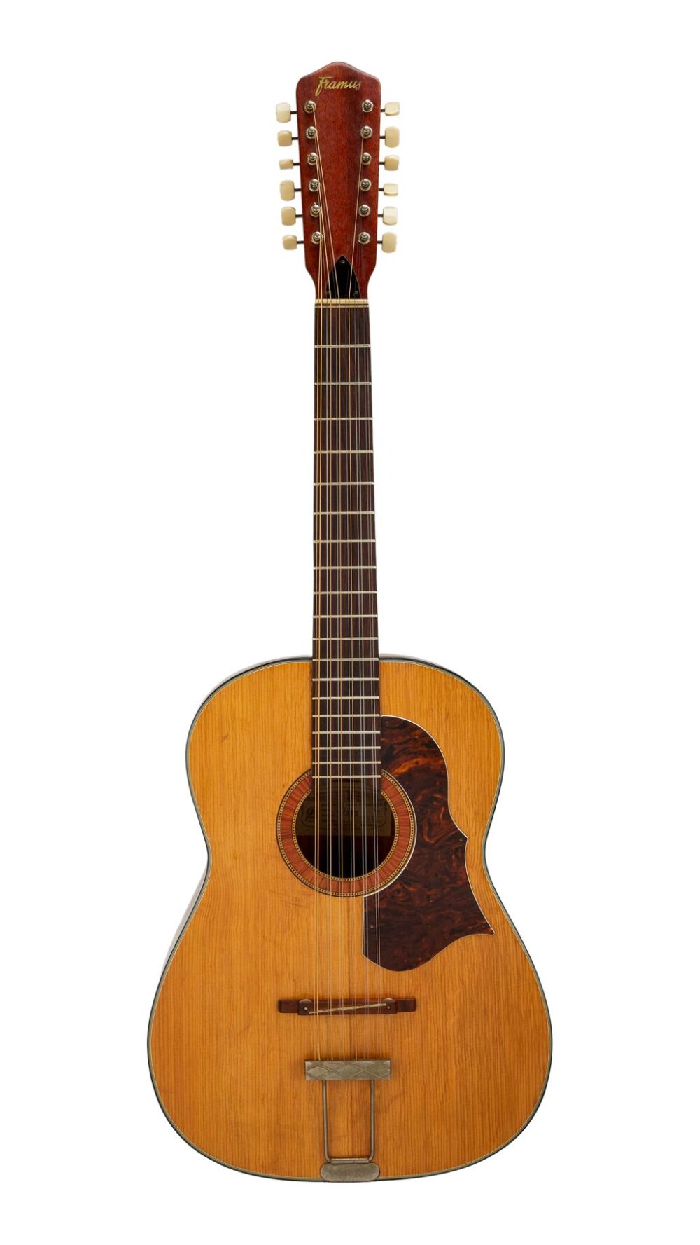 Believed to be lost, the Framus 12-string Hootenanny acoustic guitar, used in the recording of The Beatles’ Help! album and film, had been unseen for more than 50 years. Credit: Julien’s Auctions / PA
