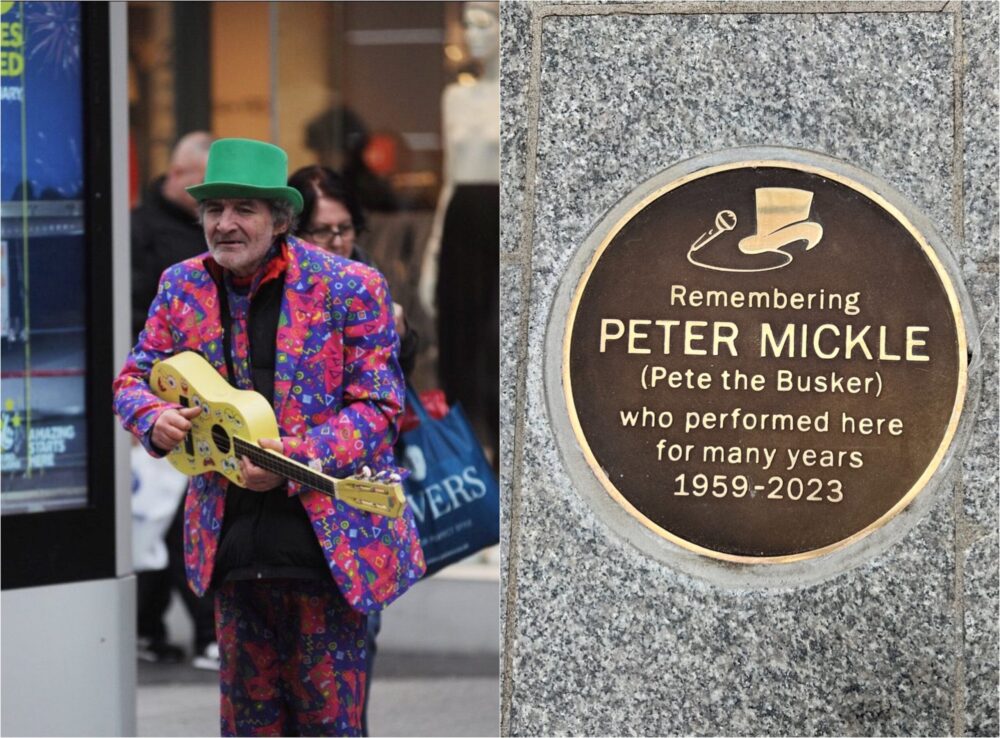 Plaque  unveiled to commemorate Pete the Busker in the city centre spot where he played