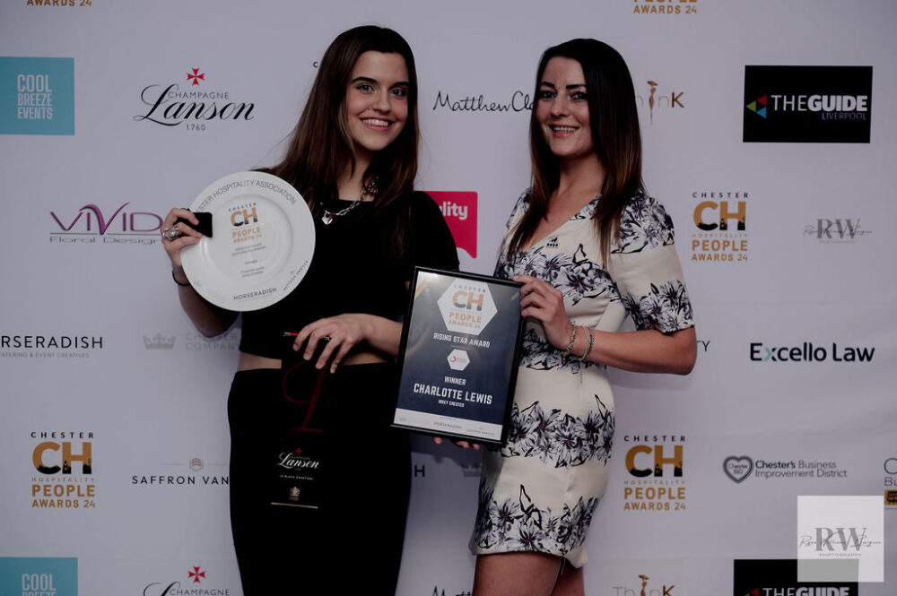 Charlotte Lewis Moxy Chester (left) winner of the Rising Star Award with Lauren Evans from sponsors Avrenim