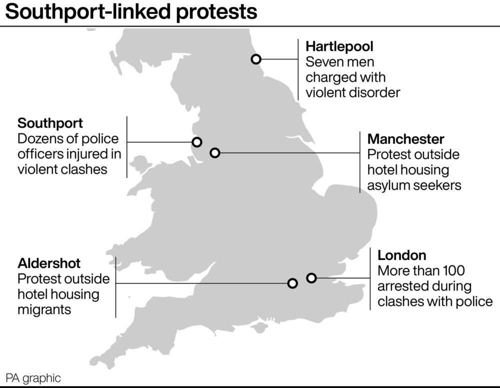 Graphic locates Southport-linked protests. See story Credit: PA Graphics