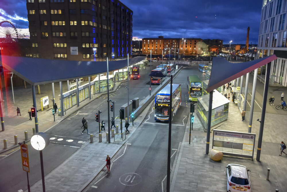 Liverpool One bus station at night. Credit: Merseytravel / Liverpool City Region Combined Authority