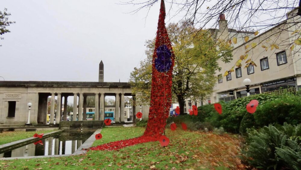 A beautiful Poppy Drape made with 10,000 knitted crochet poppies has been unveiled in the Remembrance Gardens on Lord Street in Southport. It was created by volunteers from the Southport Hookers group, working with Southport Royal British Legion. The installation was unveiled by Sefton Council Leader Cllr Marion Atkinson alongside local cadets. Photo by Andrew Brown Stand Up For Southport