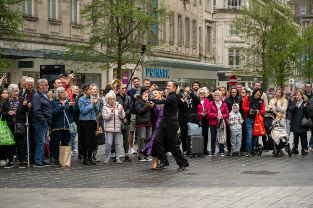 Ben Cosgrove and Shannen Stocks performing on Church St, Liverpool as part of Dancing In The Streets, Leap 2024 (Photo credit: Brian Roberts)