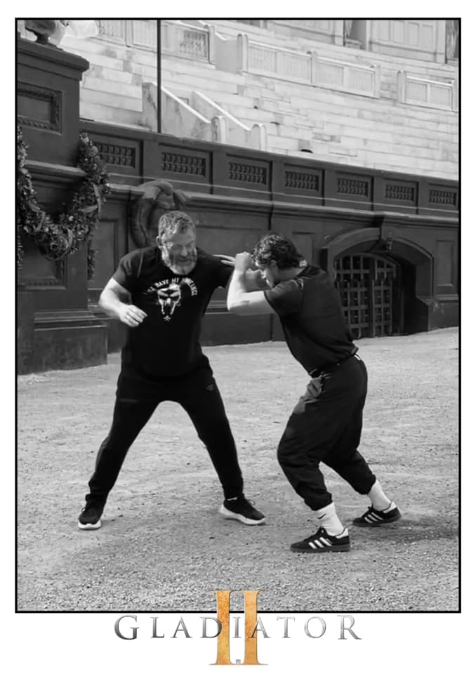 Lee Charles rehearsing his fight scene in the Coliseum with Paul Mescal