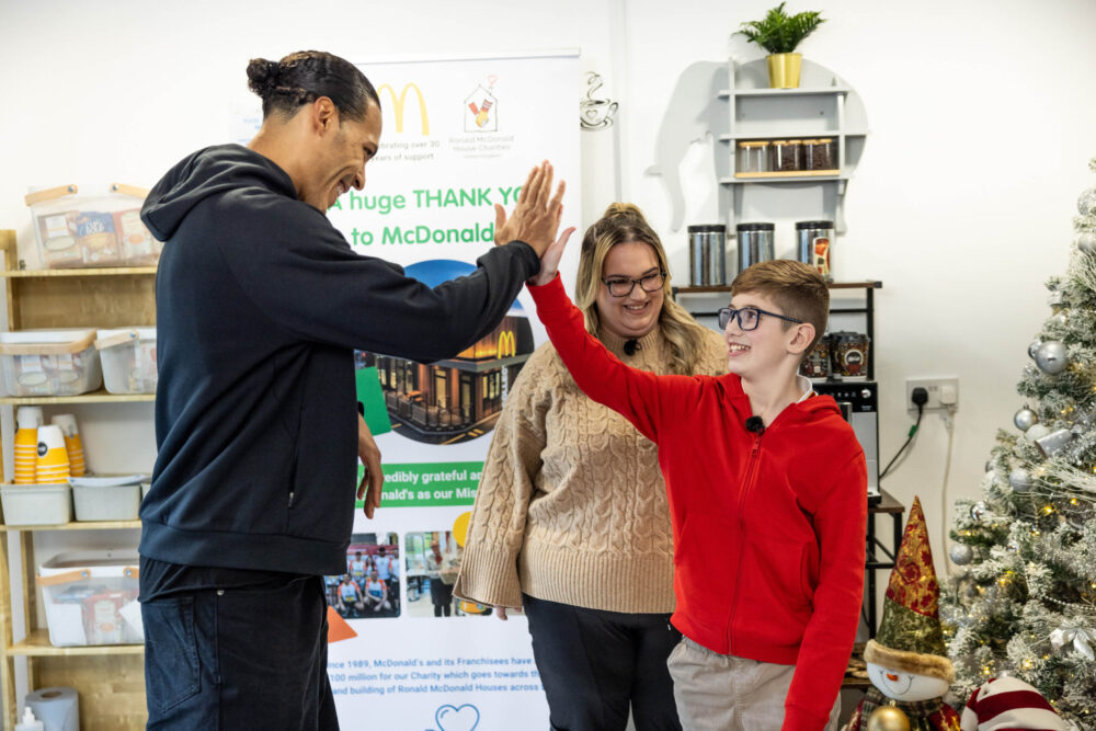 Virgil Van Dijk meets ten-year-old Oliver during a visit to Ronald McDonald House Alder Hey in Liverpool. Credit: James Speakman / PA