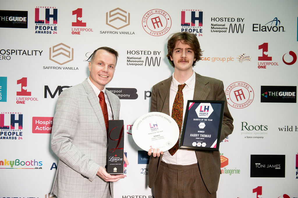 2024 Barista of the year award winner Harry Thomas, Crosby Coffee with Steven Hesketh, Liverpool Hospitality