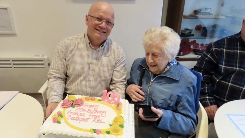 Frances Jackson has celebrated her 100th birthday party at Southport Armed Forces Community Hub. She was supported by Southport Royal British Legion, with President Serena Silcock-Prince and Chairman Major Nick McEntee presenting a 100th birthday cake. Photo by Andrew Brown Stand Up For Southport