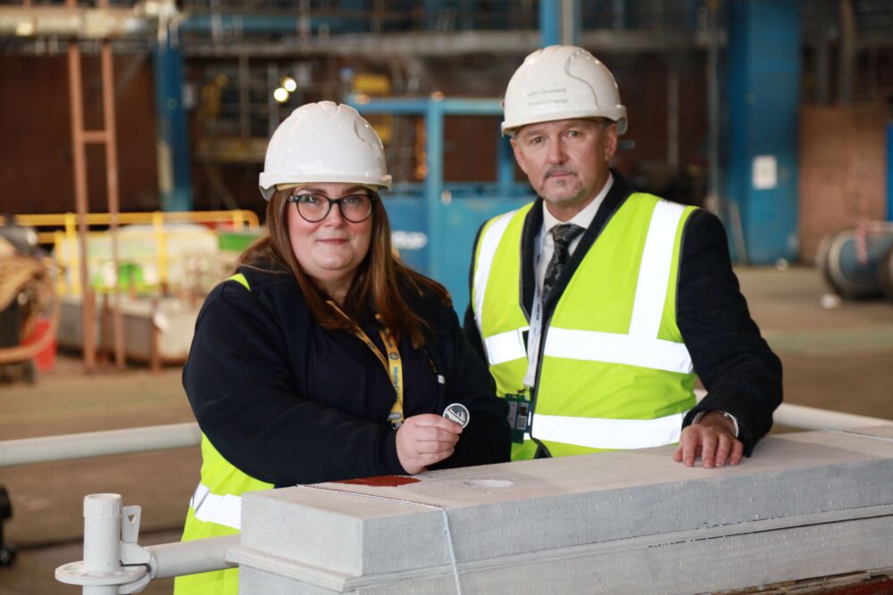 Nadine Maguire (Marie Curie) with John Drummond (CL Project Director). Image: Cammell Laird