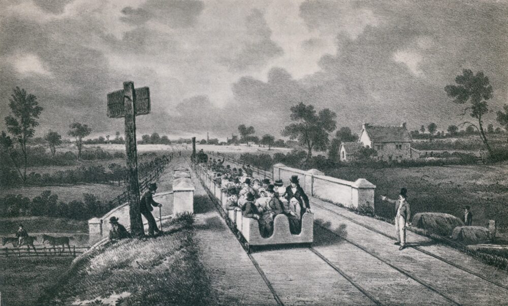 Illustration of The Liverpool Manchester railway which opened on September 15 1830. The double track railroad was 31 miles long. Credit: Shutterstock