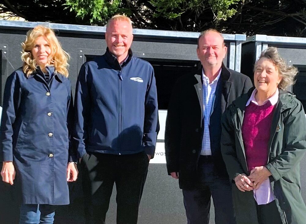 Ford ward councillors Liz Dowd, Ian Moncur and Paulette Lappin with One Vision Housing's Neil Kenwright (3rd from left) after the recent installation of bin sheds in the area by One Vision Housing. Image: Sefton Council