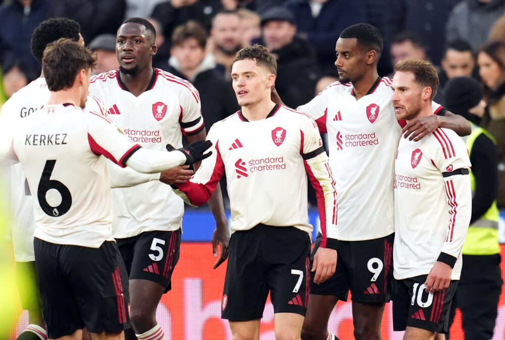 Liverpool's Alexander Isak (second right) celebrates scoring their side's first goal of the game with team-mates during the Premier League match at the London Stadium. Picture date: Sunday November 30, 2025.