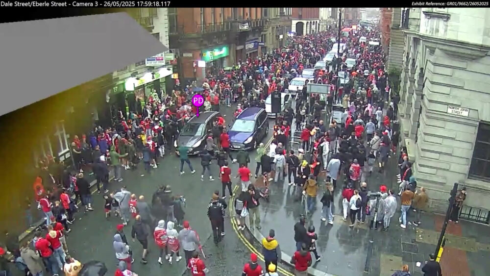 Credit: Merseyside Police / PA The Guide Liverpool Paul Doyle LFC Parade Driver EDITORS NOTE: IMAGE ANNOTATED AT SOURCE Screen grab taken from video footage issued by Merseyside Police dated 26/05/25 of members of the public moving out of the way of Paul Doyle's car at the junction of North John Street and Dale Street. Paul Doyle, 54, has been sentenced at Liverpool Crown Court to 21 years and six months in prison after he drove into crowds at Liverpool FC's victory parade on May 26, injuring 134 supporters. Issue date: Tuesday December 16, 2025.
