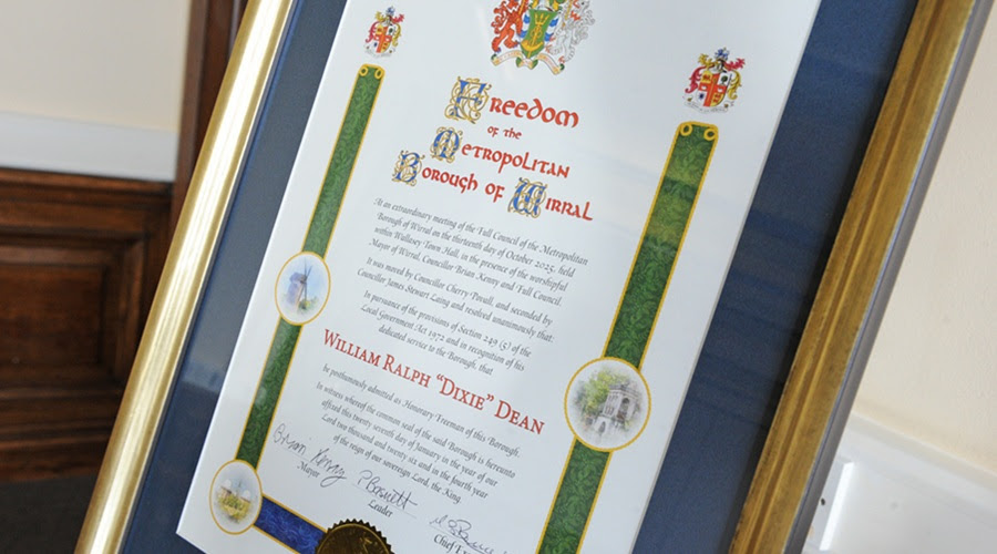 The Mayor of Wirral posthumously awarded The Freedom of the Borough to the great William Ralph (Dixie) Dean.