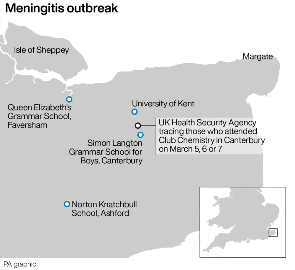 Credit: PA Graphics Meningitis B Meningitis outbreak • Infographic from PA Graphics • See story HEALTH Meningitis • For queries, contact graphics@pamediagroup.com