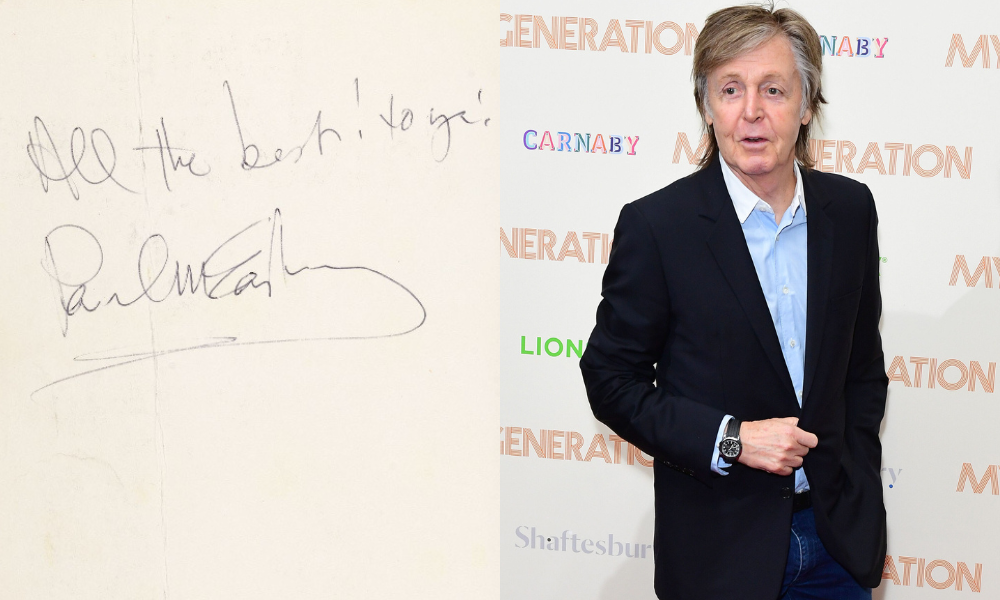 A book signed by Sir Paul McCartney has sold for nearly £1,000 at an Oxfam charity shop