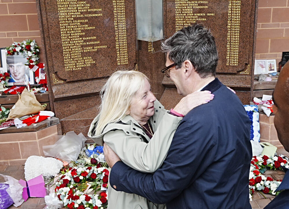 EMBARGOED TO 2230 MONDAY SEPTEMBER 15 Andy Burnham with Hillsborough campaigner Margaret Aspinall at the Hillsborough memorial at Anfield, Liverpool, ahead of the Labour government introducing legislation on the Hillsborough Law, which will include a legal "duty of candour", where public servants could face jail if they are found not to have told the truth during investigations or inquiries. Picture date: Monday September 15, 2025.